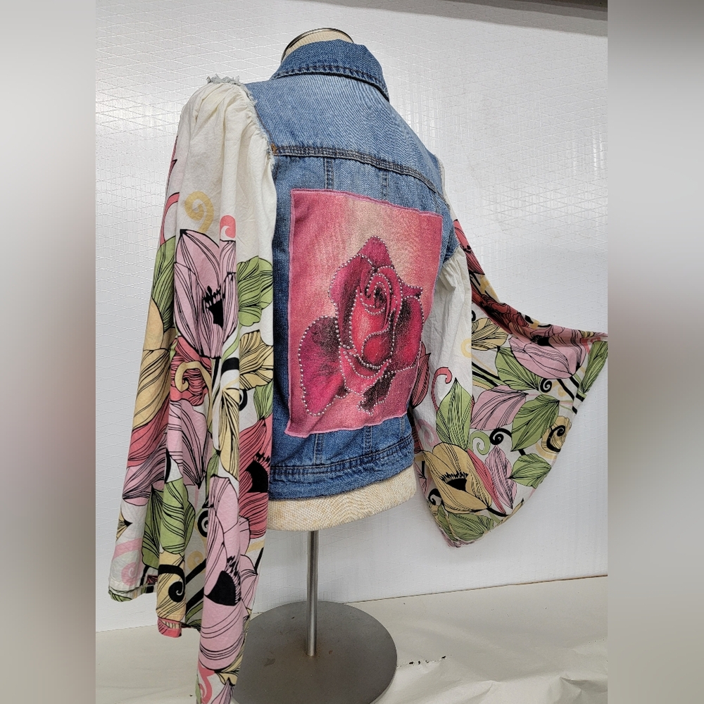**SOLD*******Bohemian Vibe Denim Jacket With Floral Bell Sleeves Upcycled Retro - Picture 2 of 11